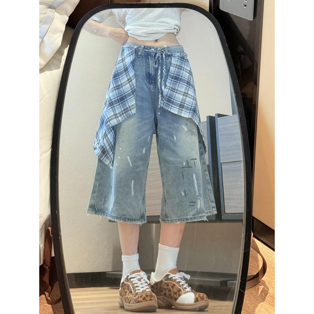 大码格纹裙摆拼接七分牛仔中裤女夏季新款街头撞色泼墨设计感百搭