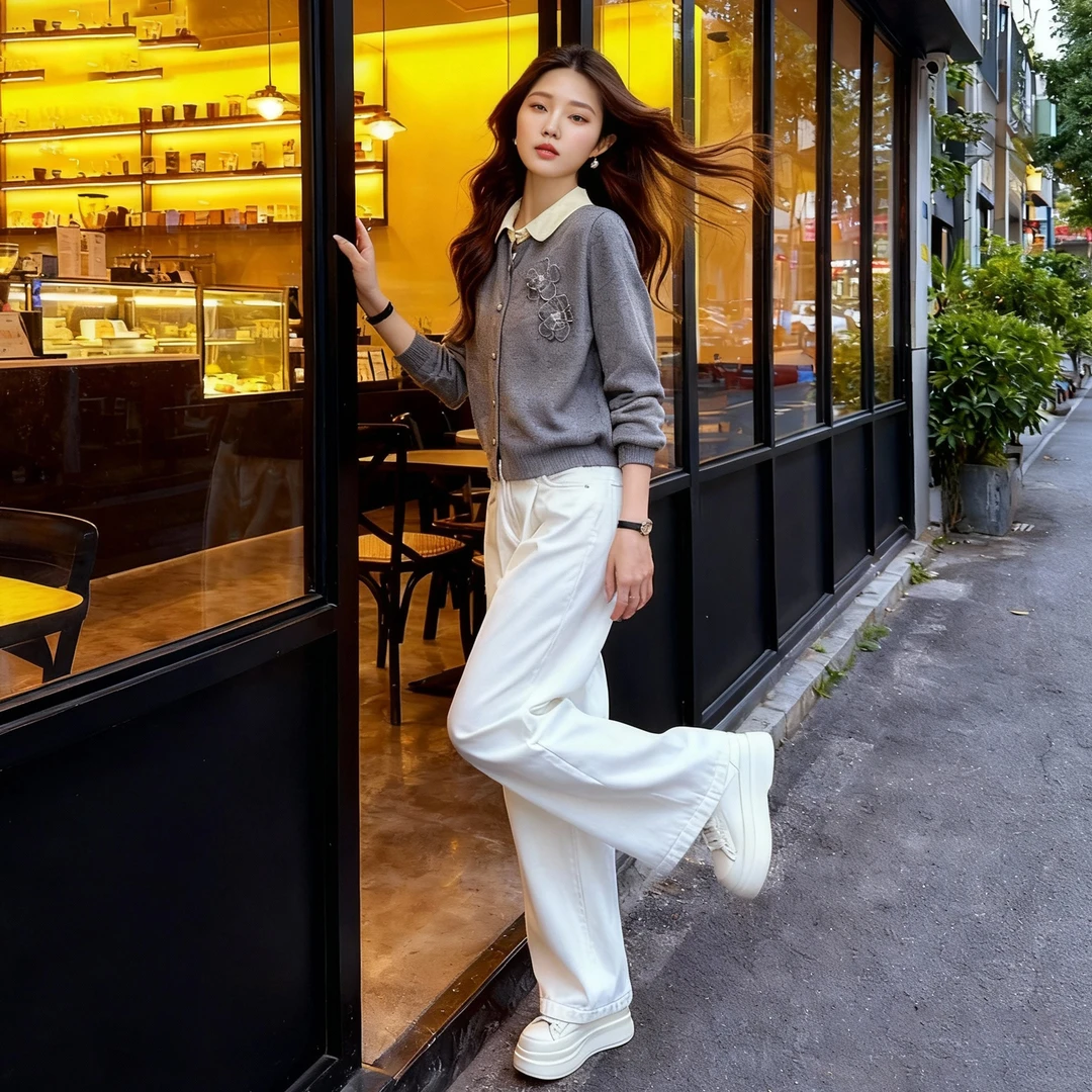 网红气质穿搭长袖针织开衫春秋显瘦高腰白色直筒牛仔裤时尚两件套