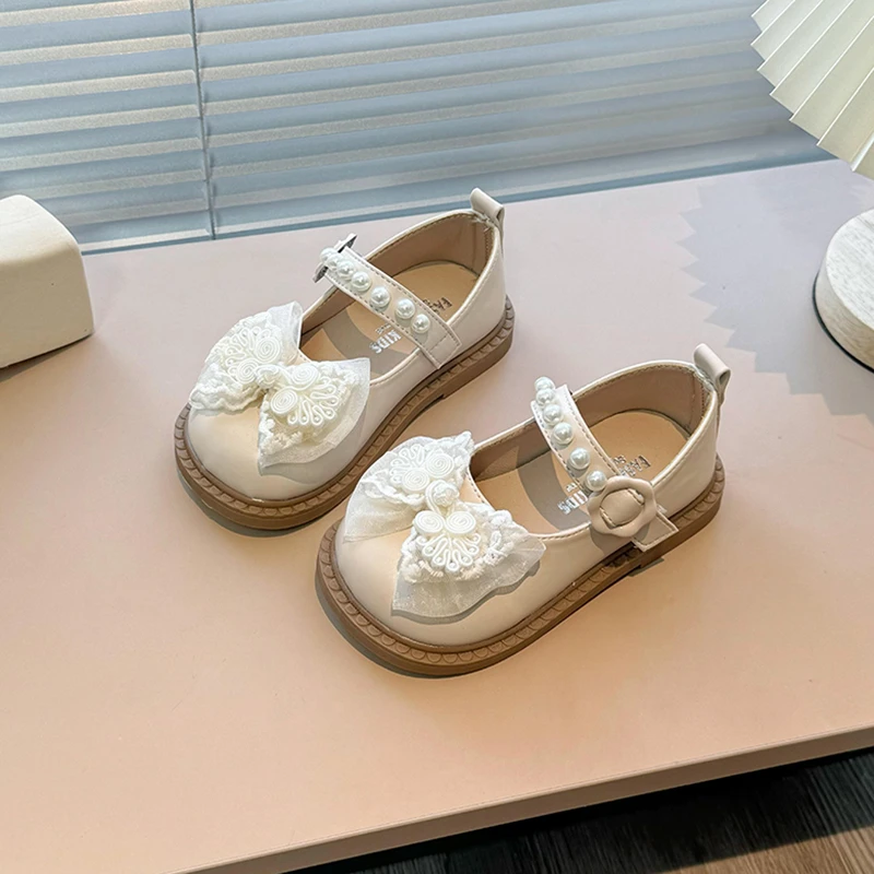鞋子女童公主2025春秋新款蝴蝶结儿童软底单鞋串珠皮鞋女童鞋子潮