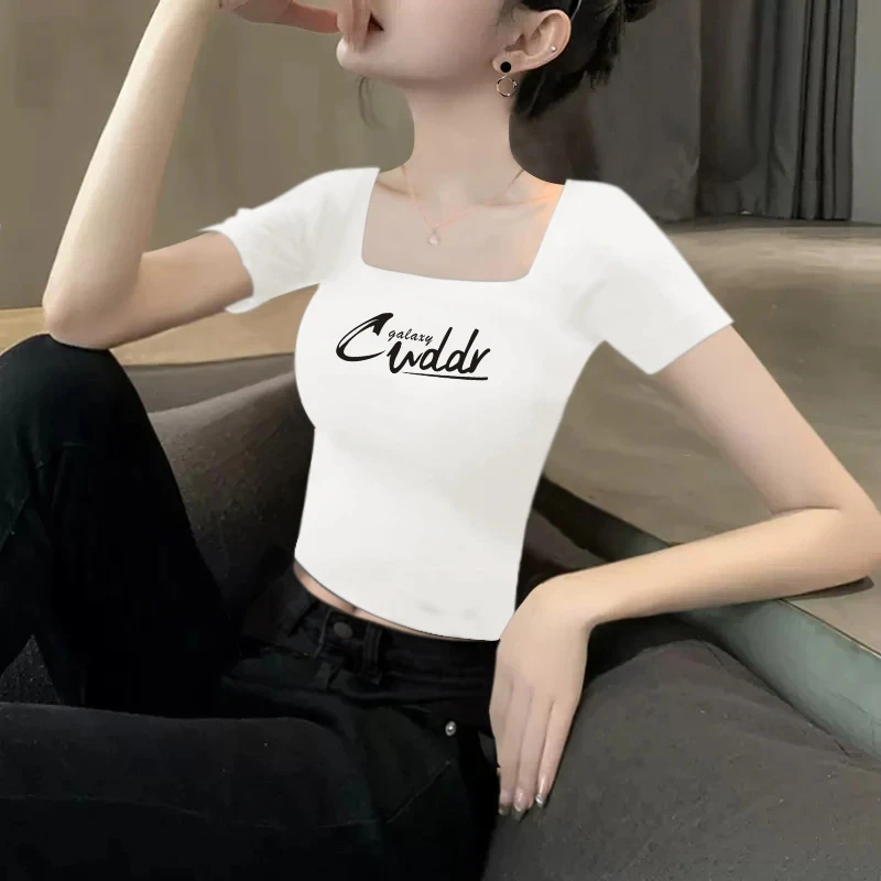 白色正肩短袖t恤女2025夏季新款紧身高级感洋气方领齐腰印花上衣