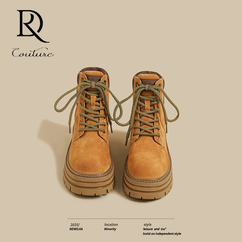 【DR官方正品】2025秋冬厚底大黄靴女粉色磨砂英伦骑士系带短靴