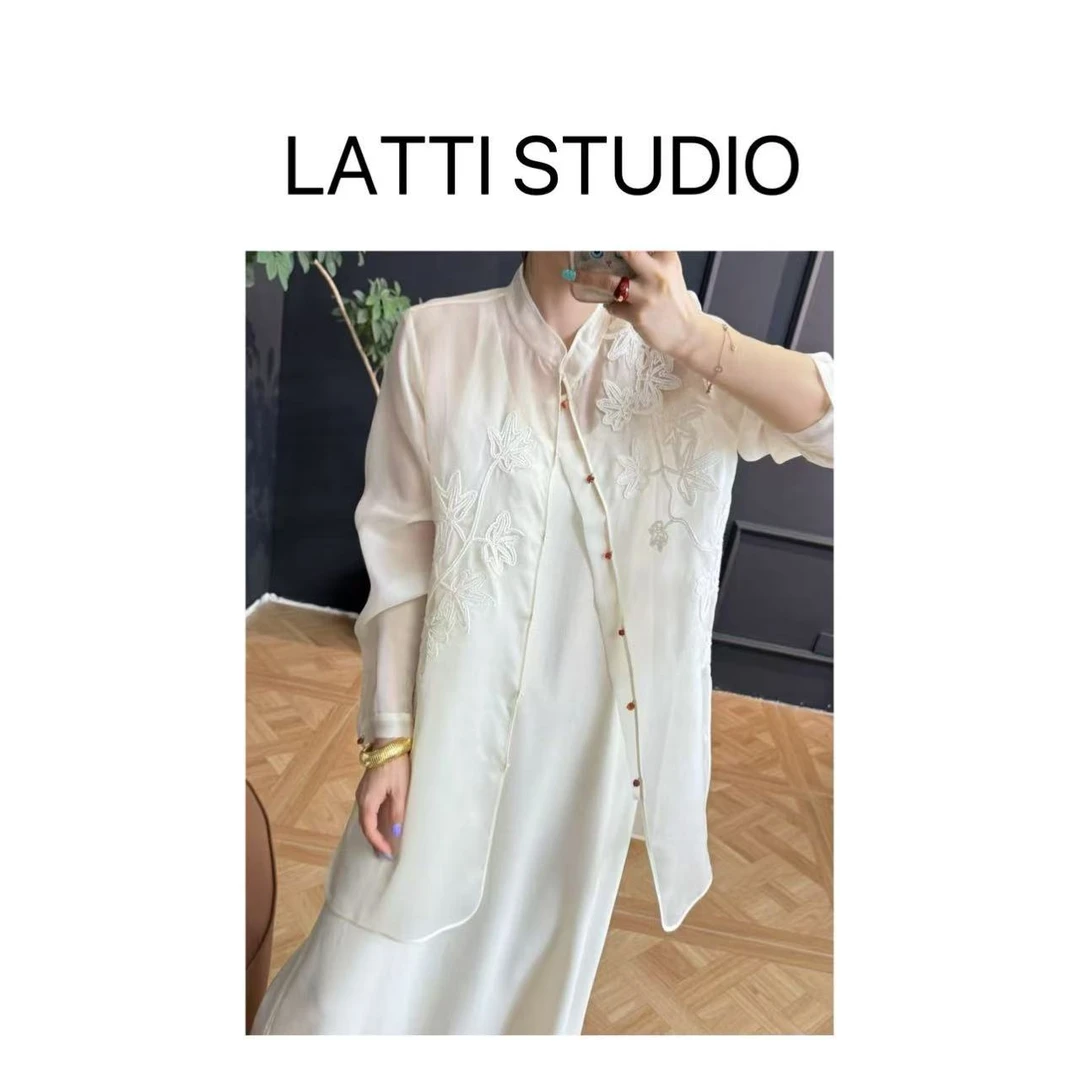 【Latti】渔舟唱晚-气质长袖新中式绣花春夏新中式长袖桑蚕丝衬衫