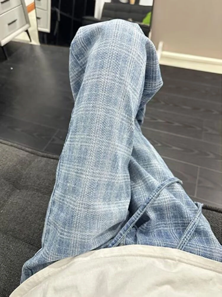 美式复古格子牛仔裤男女秋季痞帅高级感裤子cleanfit宽松直筒裤潮