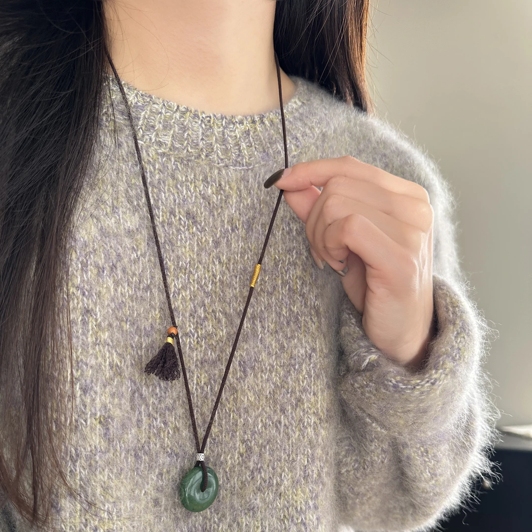 链子925银 原创设计时尚简约百搭气质女绿平安扣黑绳银项链2#3963