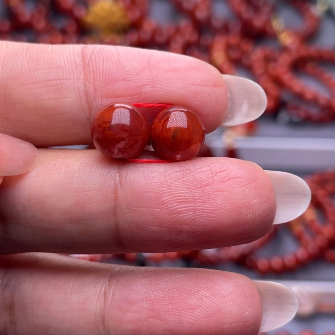 南红玛瑙未镶嵌其他9mm福利玫红火焰纹对珠