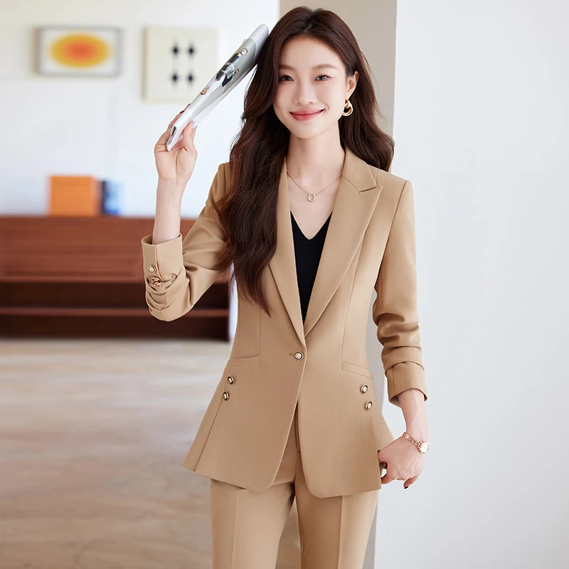 春季时尚杏色西装套装修身显瘦洋气女神范设计感OL职业西服套裤女