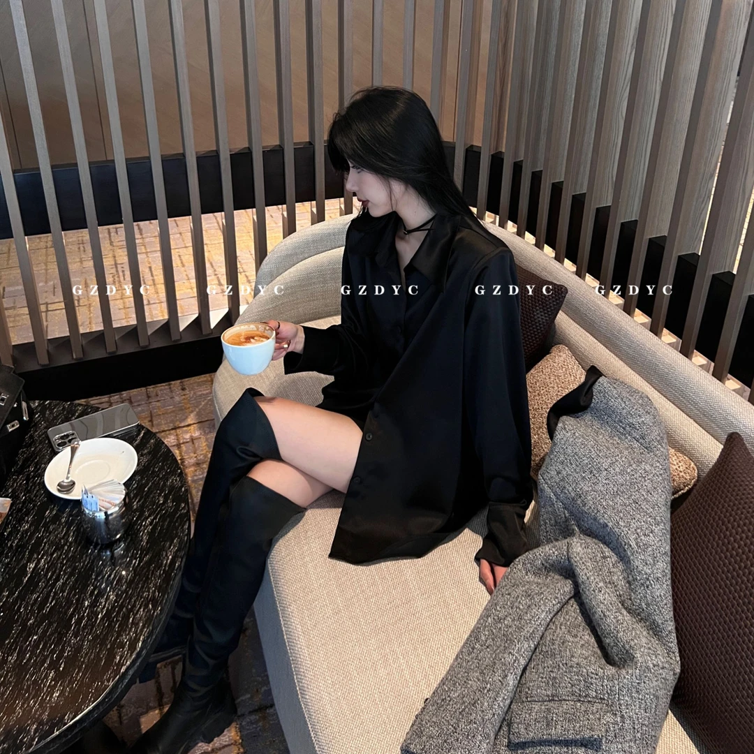 【鸽子的衣橱】|黑玫瑰| 缎面通勤衬衫极简高级感秋冬显瘦宽松衬衣