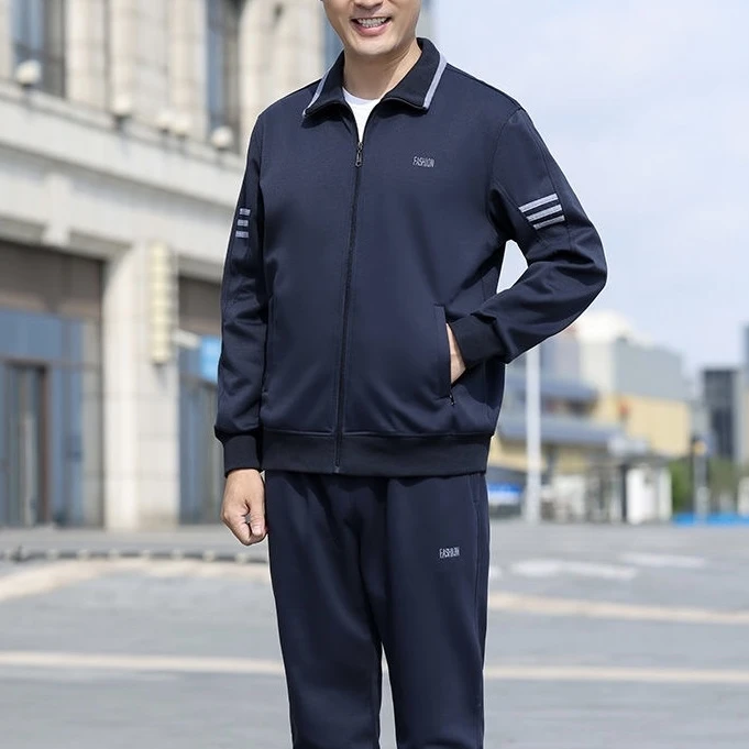 新款宽松运动套装男春秋季休闲加绒外套中老年爸爸装运动服