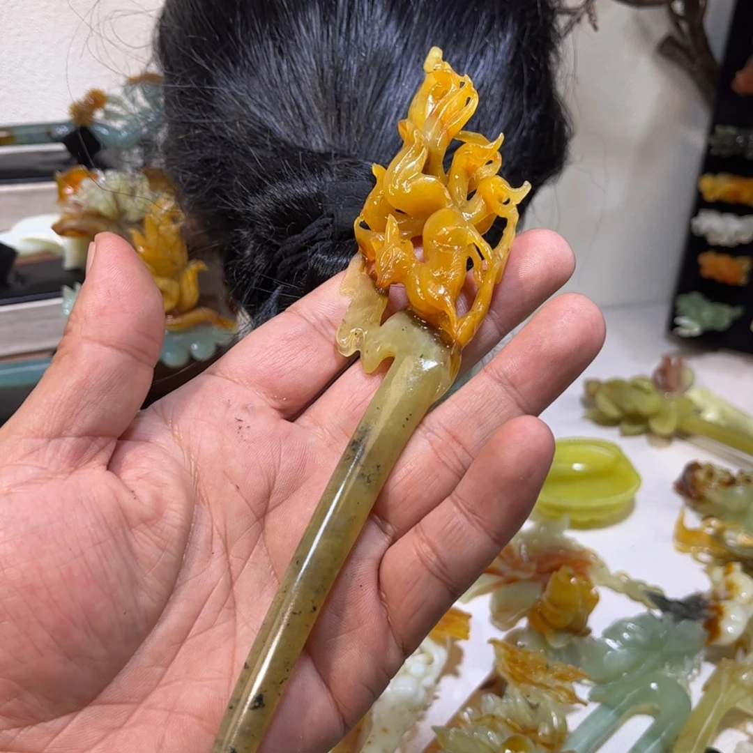 蛇纹石玉发簪合金小***悠