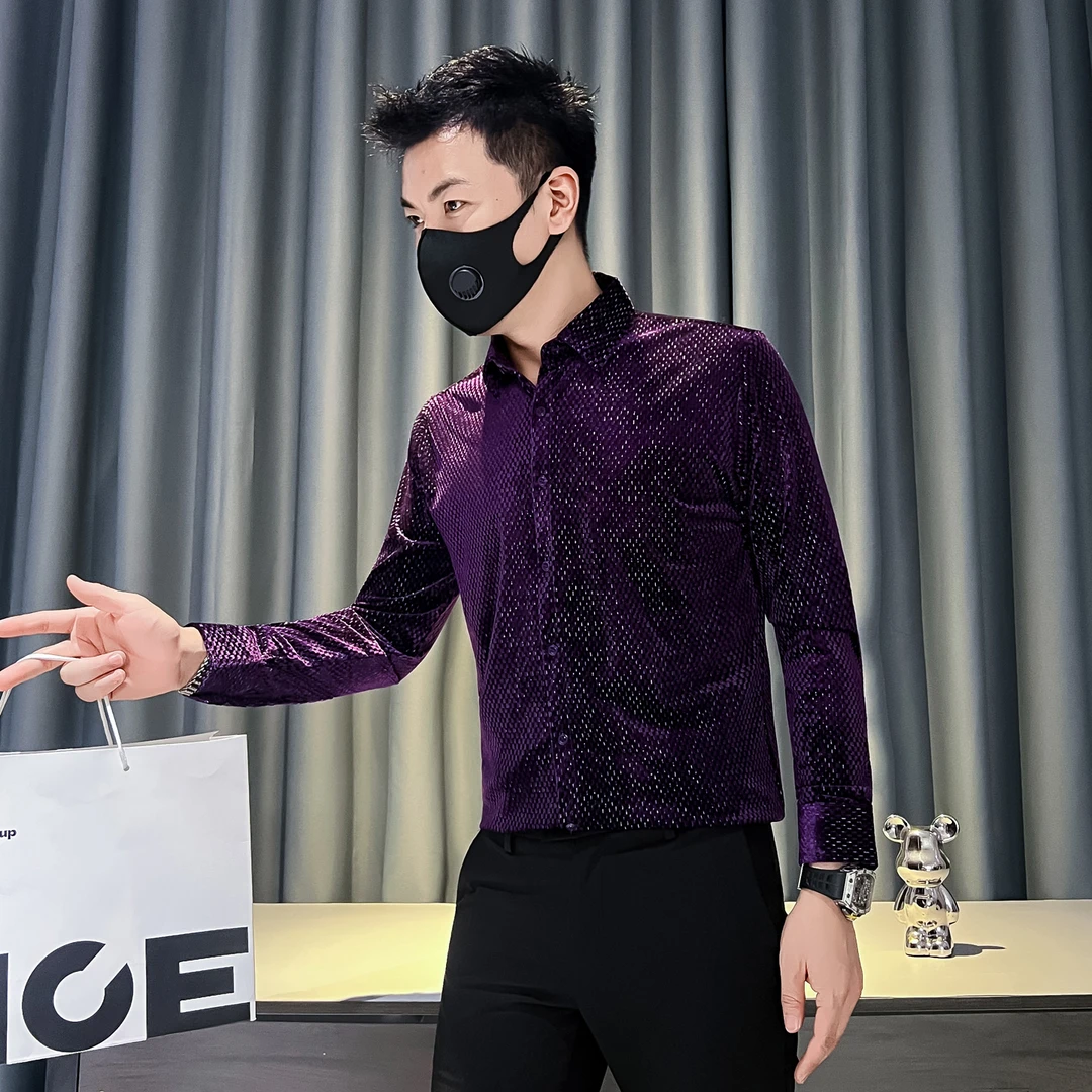 金丝绒衬衫男款长袖爆款2025新款痞帅高级感秋季潮牌格子男士衬衣