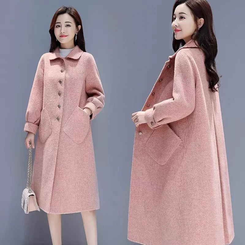 C2651东大门2024新款中长款千鸟格子毛呢外套羊毛呢子上衣大衣