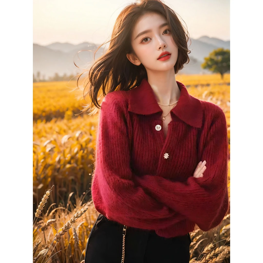 温柔风软糯红色polo领女春秋小香风外穿短款针织红色外搭开衫