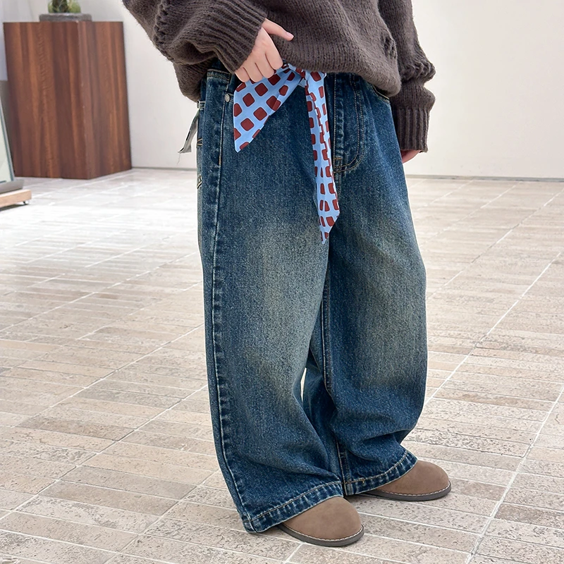 【巨百搭】秋季中大男女童韩版做旧复古牛仔裤宽松休闲阔腿裤25G045