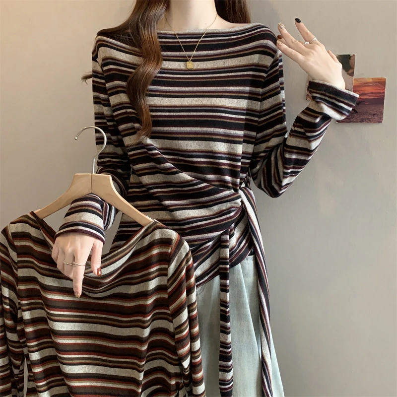 大码女装2025秋季新款一字肩绑带收腰显瘦条纹撞色不规则上衣T恤