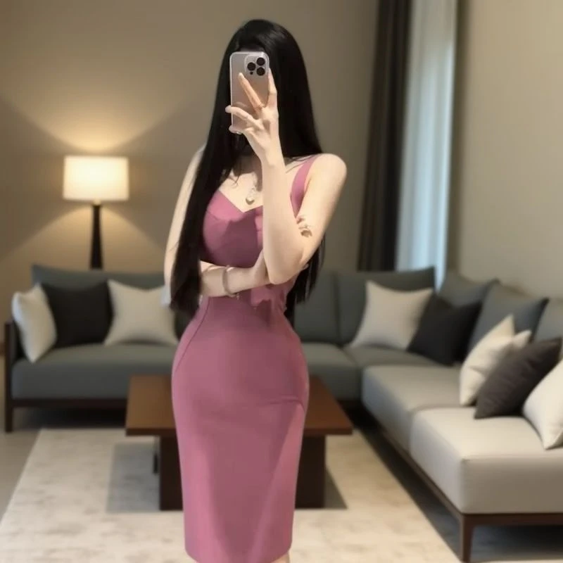 夏季V领性感紧身绷带针织吊带中长款绷带连衣裙收腰显瘦一步长裙