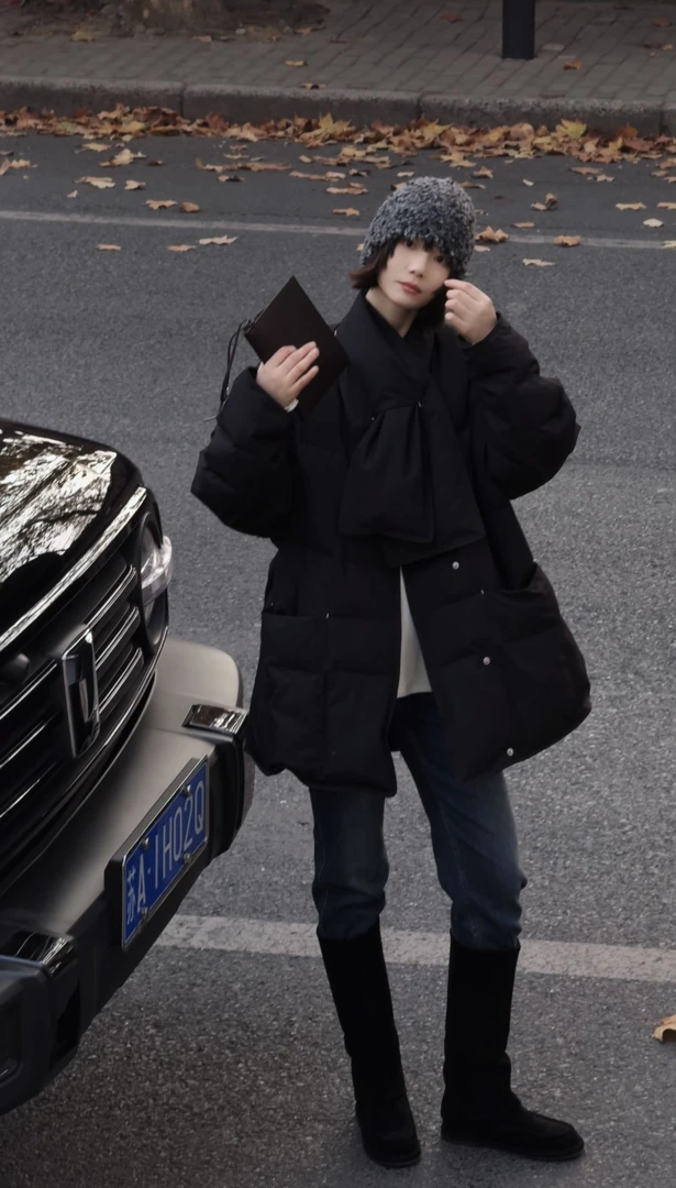 NorthMingfish「暮冬酒渍」大气设计 胸前立体结构围巾中空纱鹅绒服