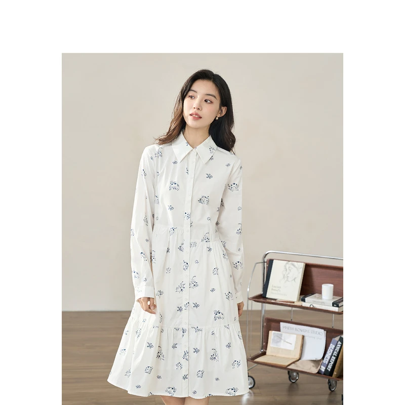 【商场同款】茵曼春秋女连衣裙裙子长裙长袖女装新款休闲印花时尚