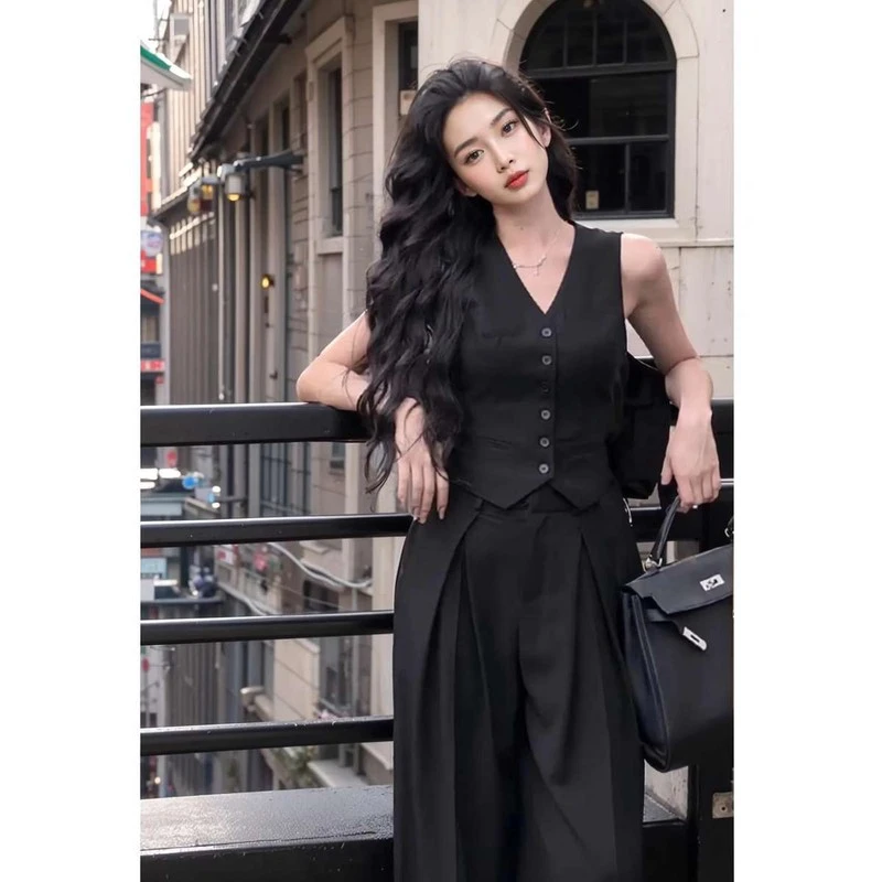 炸街洋气时尚套装女夏季辣妹显瘦西装马甲背心阔腿裤长裤两件套女
