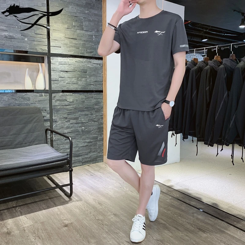 断码狼夏季运动套装男士短袖速干跑步韩版休闲两件套百搭时尚男装