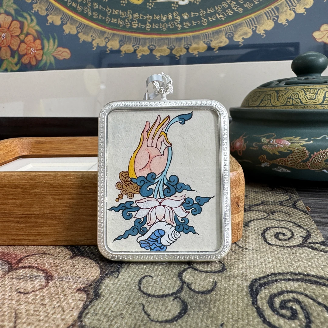 【K006718】西藏热贡尼泊尔纯手绘佛手莲花唐卡吊坠4*5