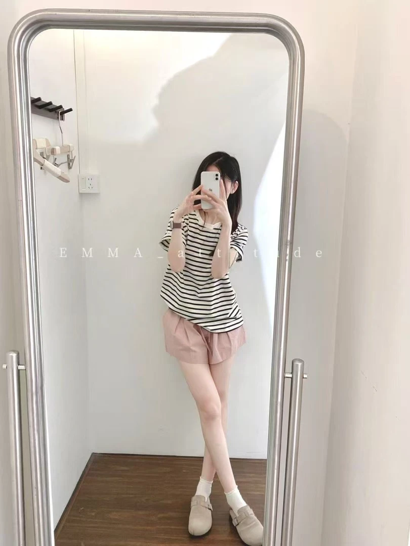 2025新款正肩条纹圆领短袖t恤女时尚百搭上衣休闲短裤套装