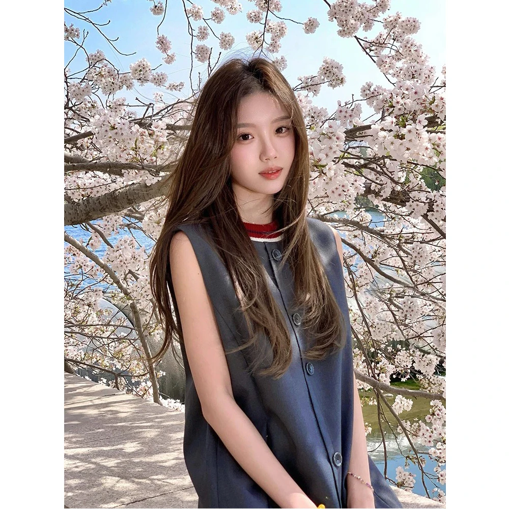 法式时尚撞色圆领拼接背心裙女夏季新款宽松无袖连衣裙复古小众