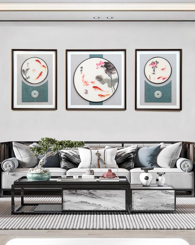 客厅新中式刺绣苏绣装饰画沙发背景墙年年有余三联画挂画壁画