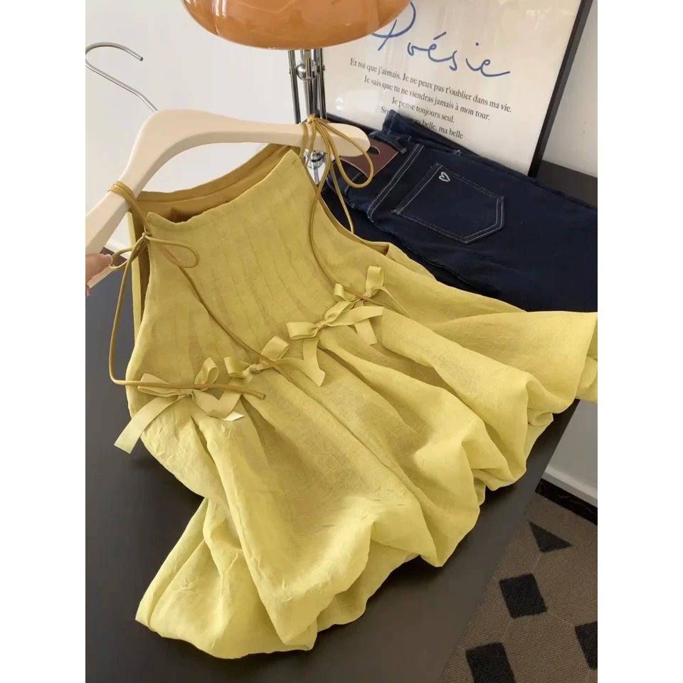 法式蝴蝶结吊带背心上衣女夏季新款设计感小众别致百搭蓬蓬衬衫潮