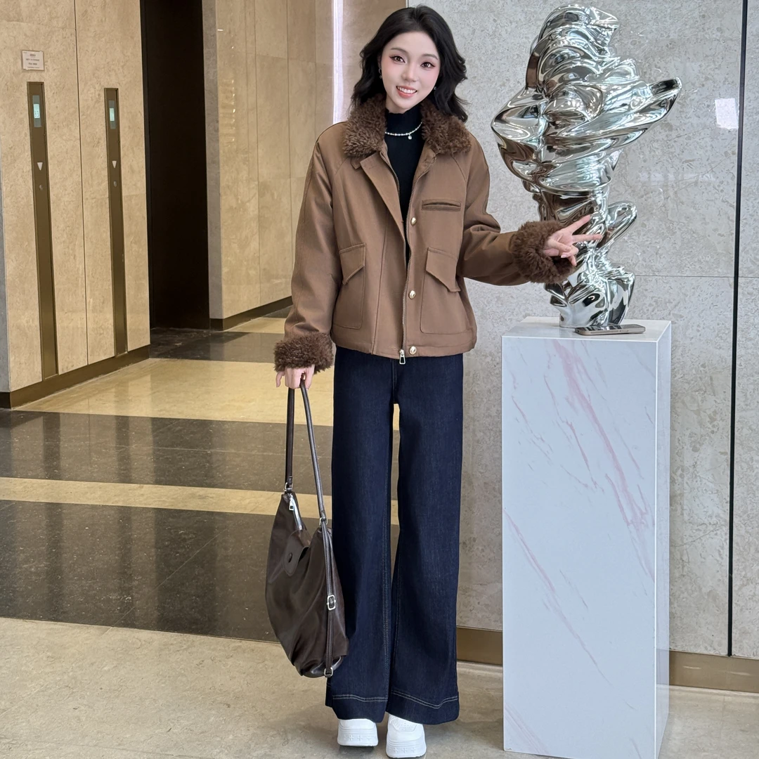 法式女保暖常规款拉链常规牛仔韩版上衣休闲【夹棉上衣】
