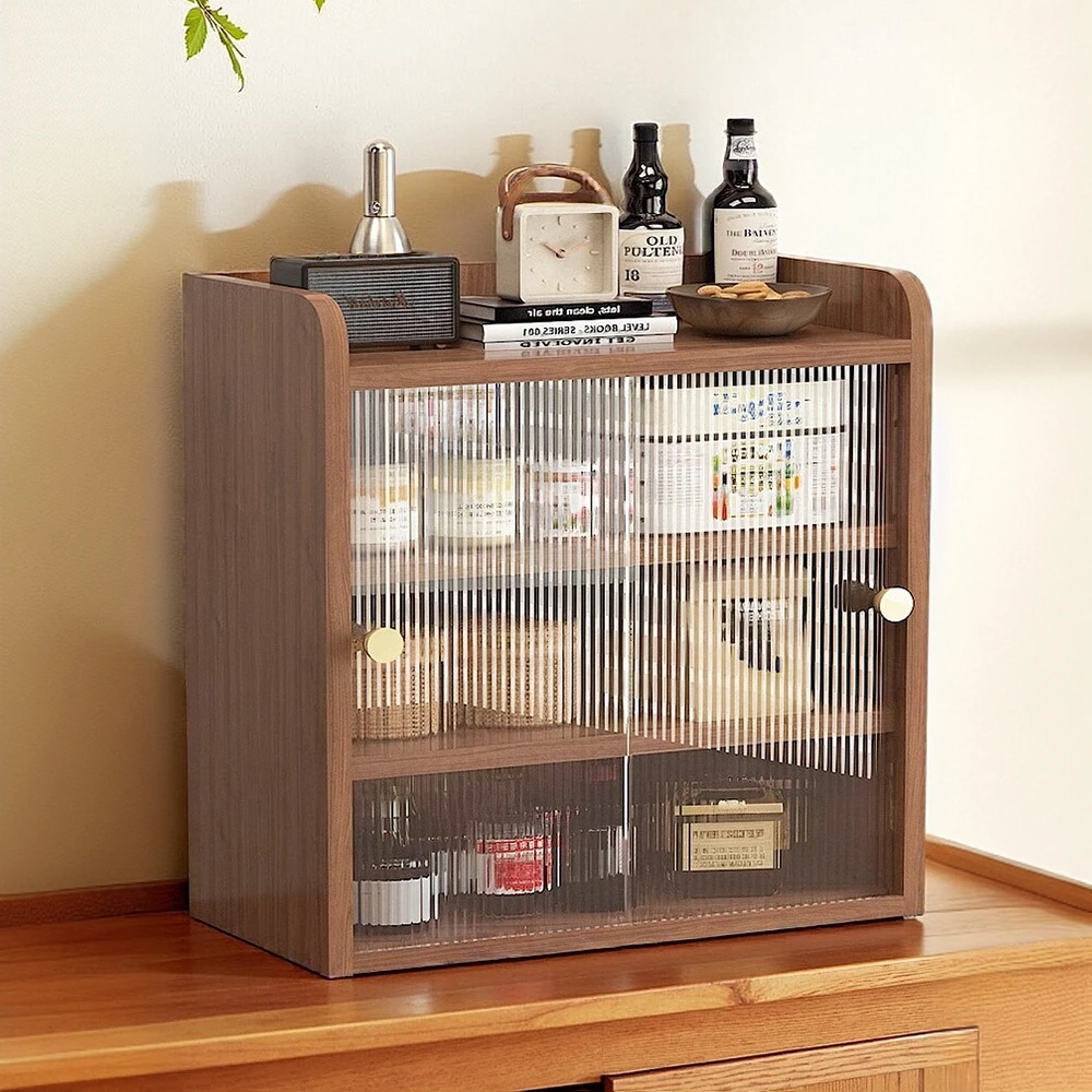 防尘推拉式餐边柜收纳柜储物柜置物架多层收纳架复古茶具架子桌面