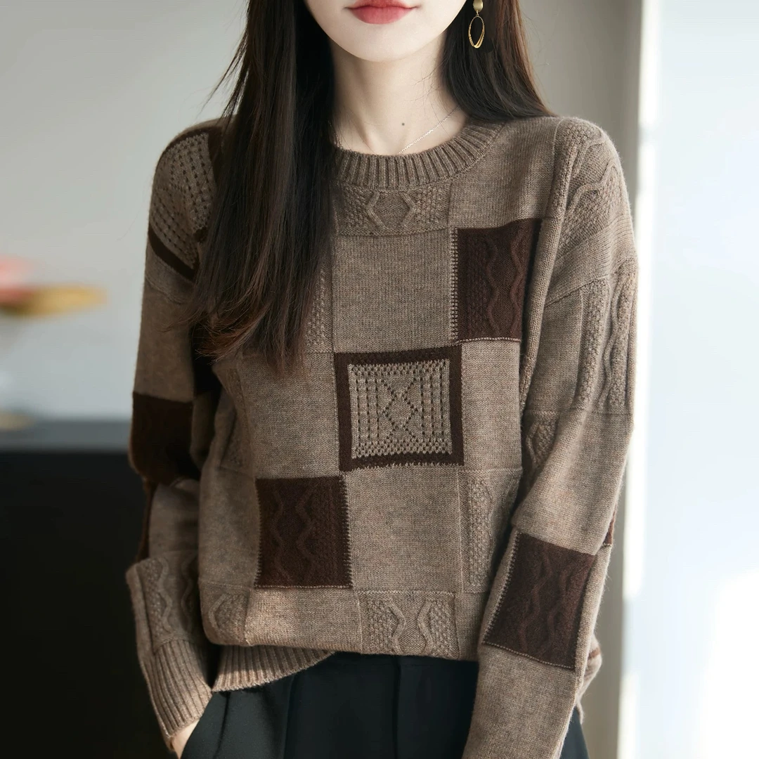 冬季新款时尚洋气内搭方块宽松显瘦针织打底衫长袖复古圆领秋冬