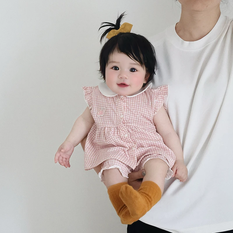 女宝洋气婴儿格子短袖纯棉套装公主薄款女童甜美粉色夏季外出分体