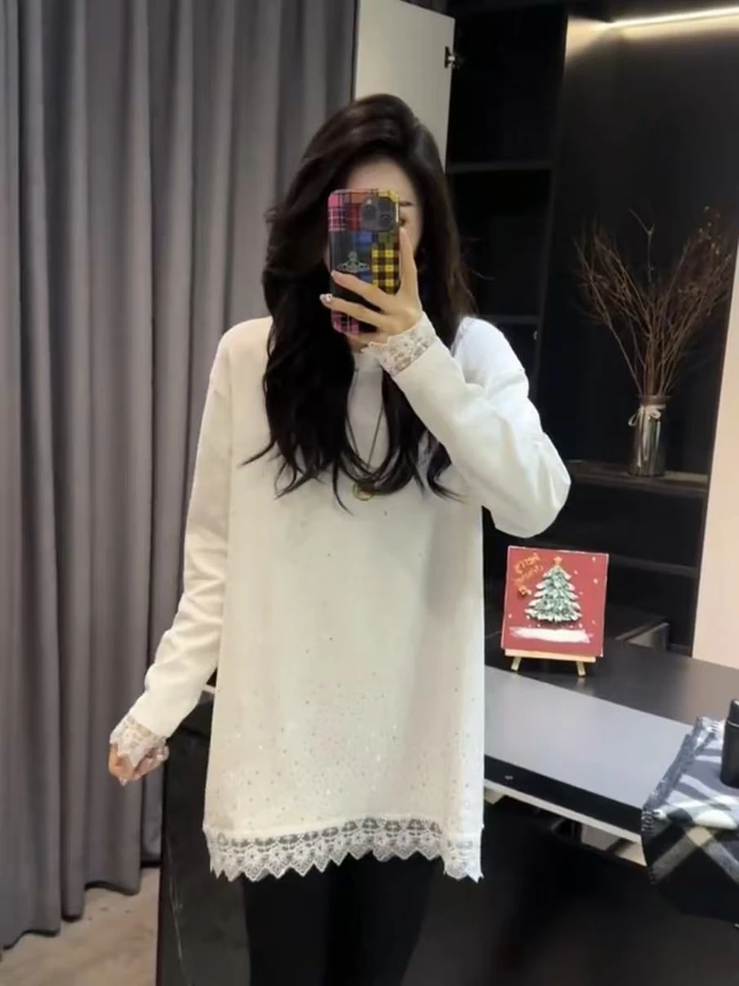 秋季加厚保暖宽松显瘦大衫设计感拼接蕾丝镶钻中长款上衣153169