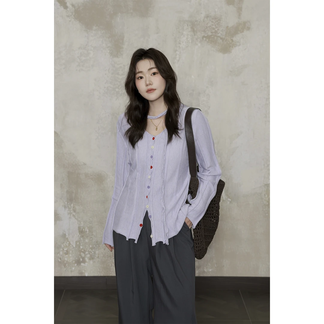 现货大婉酱微胖定制【香芋衫】设计感绵羊毛飘带长袖毛织开衫 8907D