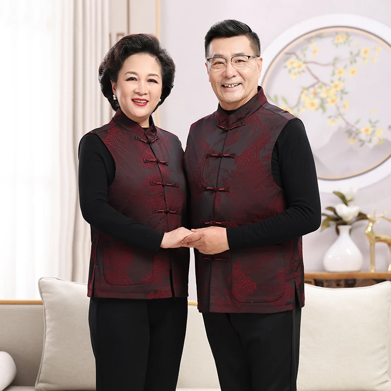 红色中老年人情侣唐装男士马甲情侣中国风背心女中式过寿马褂外套