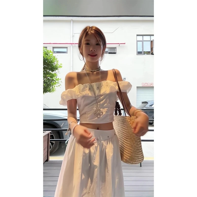 2025夏季珍珠铆钉装饰一字肩短袖上衣运动风休闲花苞裙长裙套装女