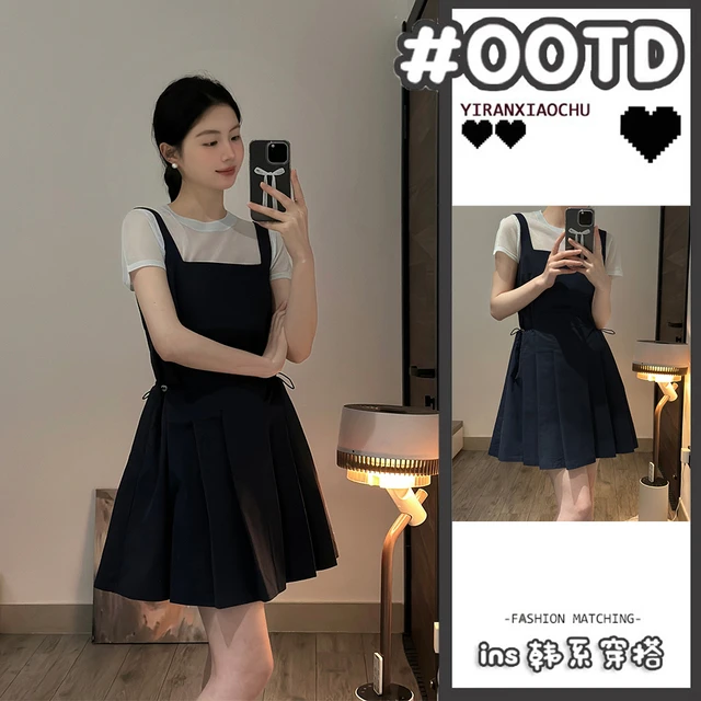 可盐可甜套装夏季2025新款冰丝短袖T恤上衣甜美背带连衣裙两件套