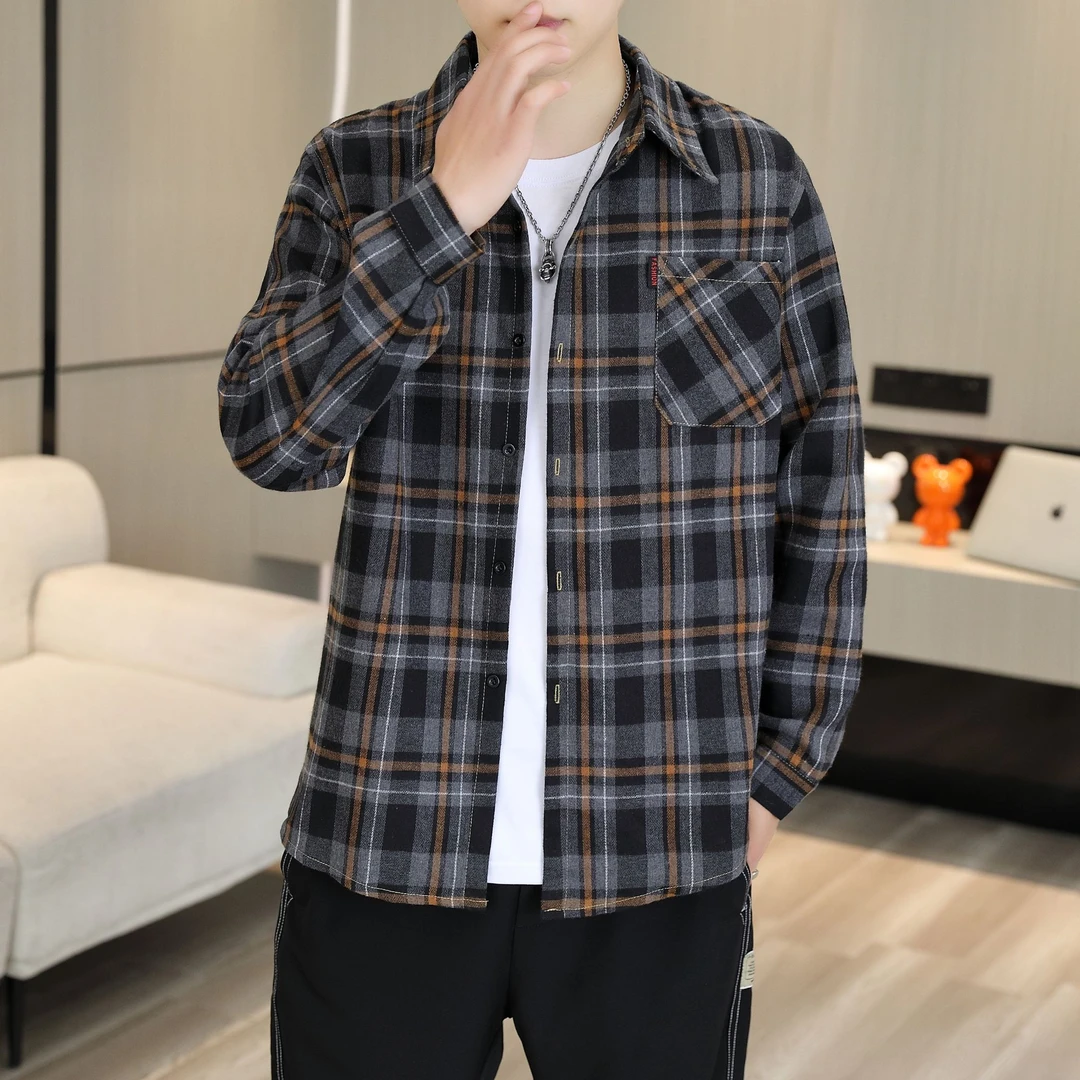 新款格子衬衣男春夏休闲韩版衬衫长袖外套潮流宽松大码男款上衣