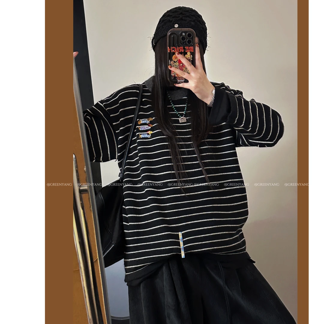 老羊家~韩系慵懒风简约圆领套头条纹毛衣女秋冬新款高级感针织衫