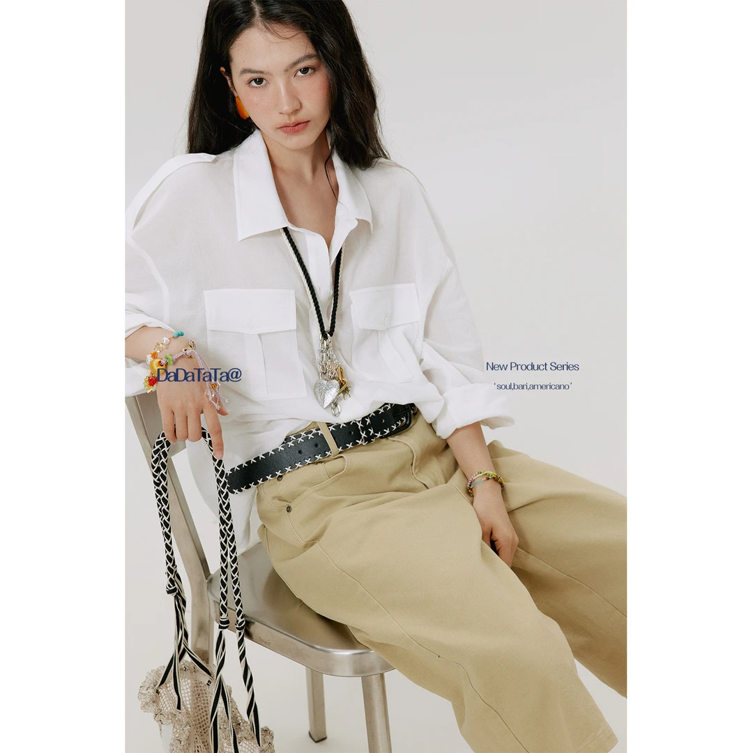 DADATATA晶咕白标【白噪音】100棉胸前口袋长袖衬衫衬衣复古百搭