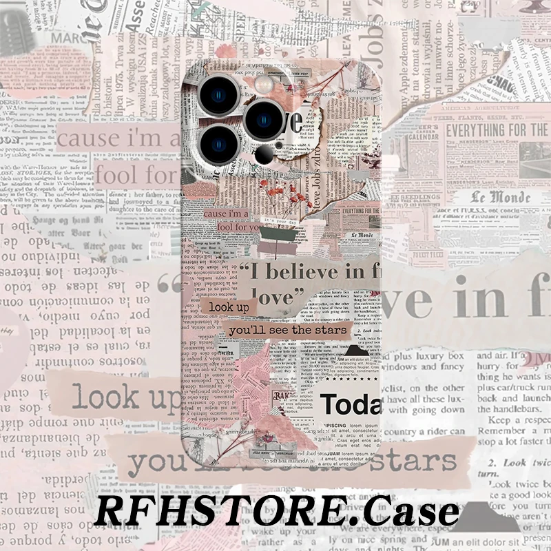 简约创意英文报纸菲林壳适用苹果16/15pro手机壳小米oppo华为vivo