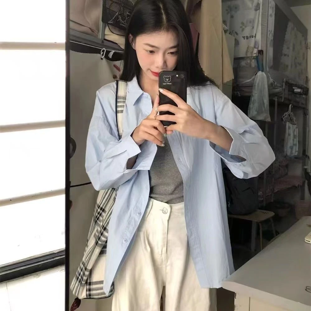 韩版蓝色纯色学生长袖衬衫女上衣透气新款空调衣服慵懒风衬衣外套