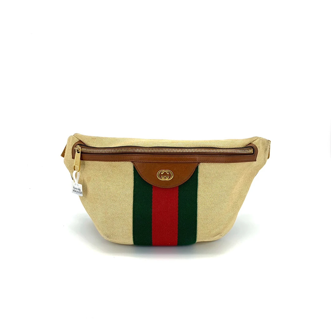 95新 GUCCI/古驰 米色帆布红绿织带胸腰包 尺寸40/20