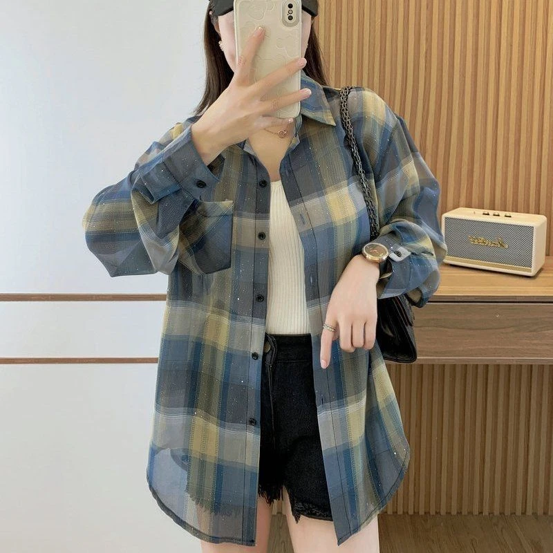 撒银格子防晒衬衫夏季大码新款开衫宽松薄款外套慵懒长袖上衣衬衣