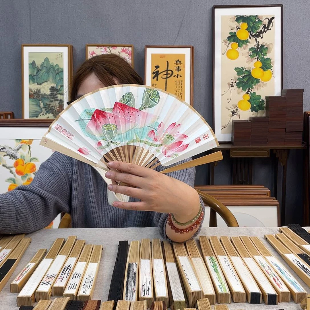 国画6寸玉竹-纯手绘-文玩扇骨（默认粘好）