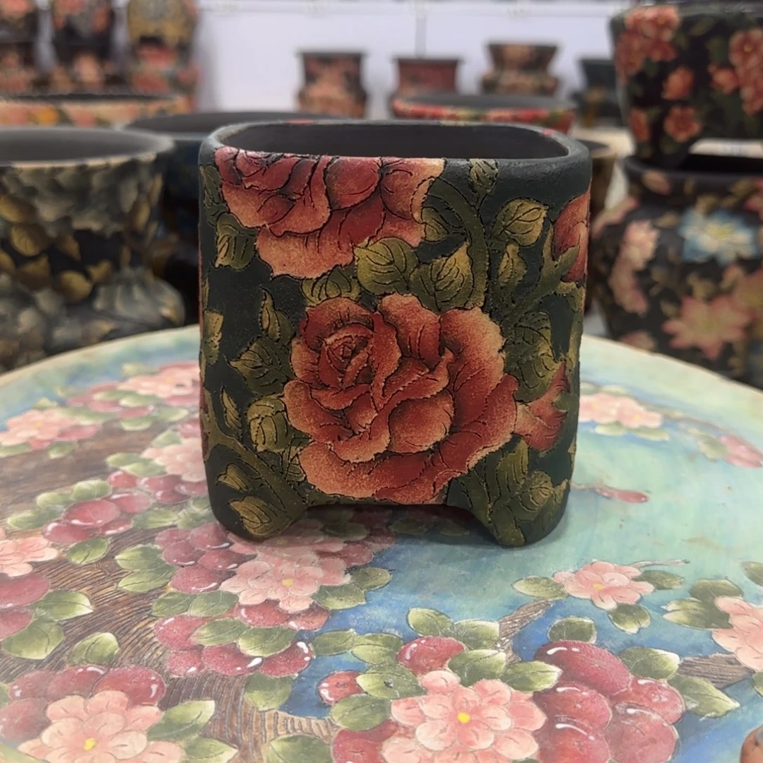 紫砂花盆精品多肉手绘花盆