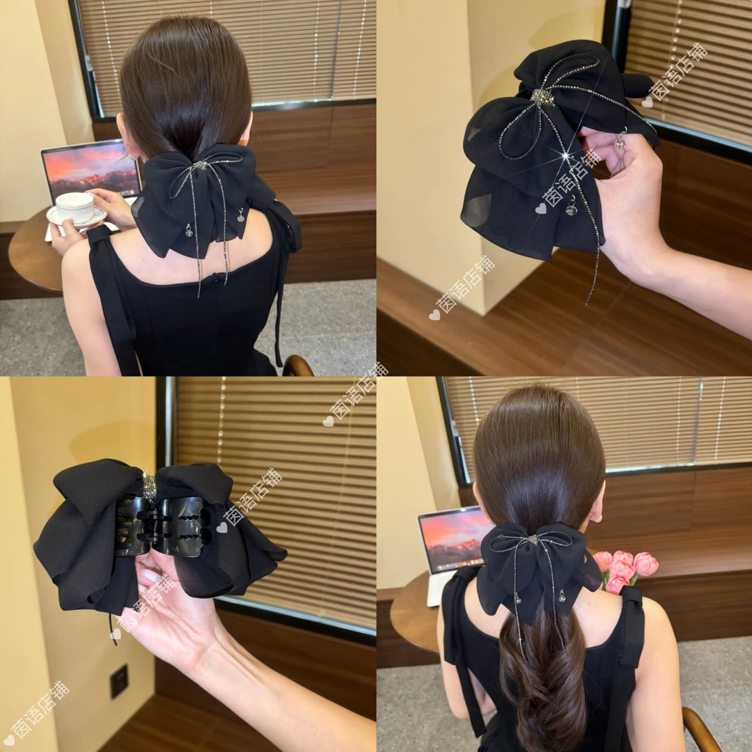 茵语发饰2025新款黑色雪纺蝴蝶结飘带马尾抓夹高级气质百搭显发量
