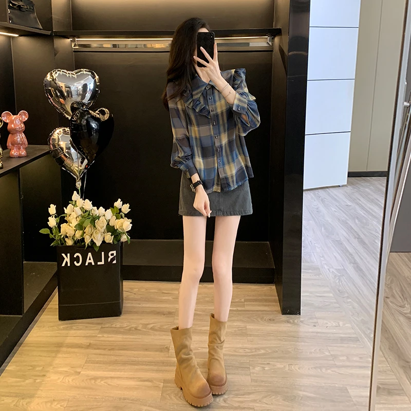 时尚套装复古春季女衬衣两件套显瘦牛仔裙秋季小个子气质长袖格子