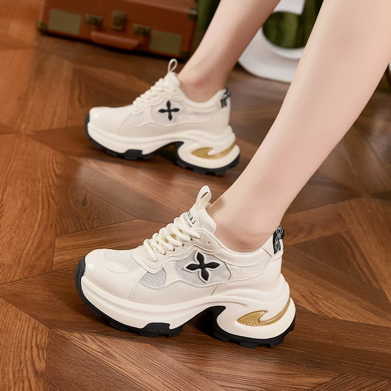 【增高8CM】厚底老爹鞋女春夏新款透气网面凉鞋真皮百搭休闲运动鞋