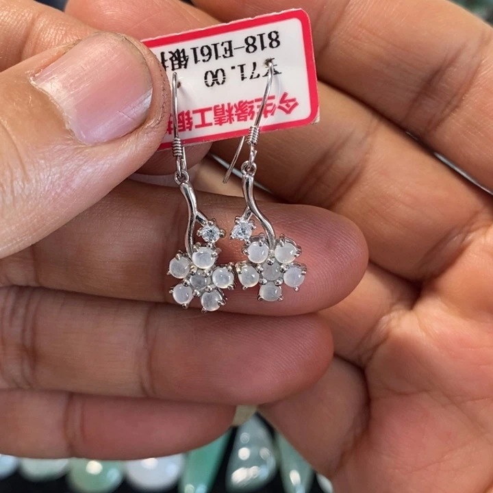 翡翠银S925镶嵌耳饰天然缅甸翡翠A货耳钩